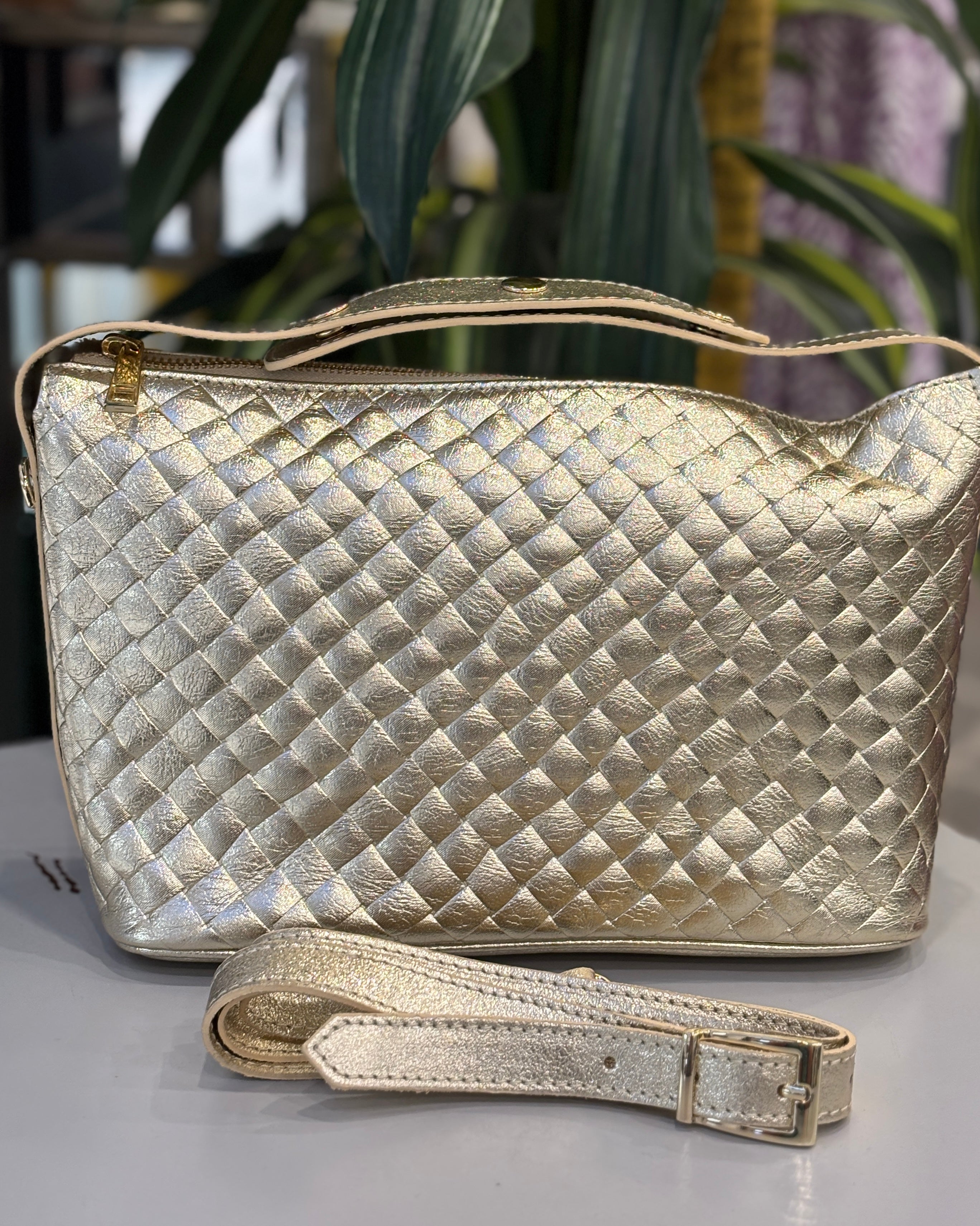 Treviso Leather Lattice Bag - Gold