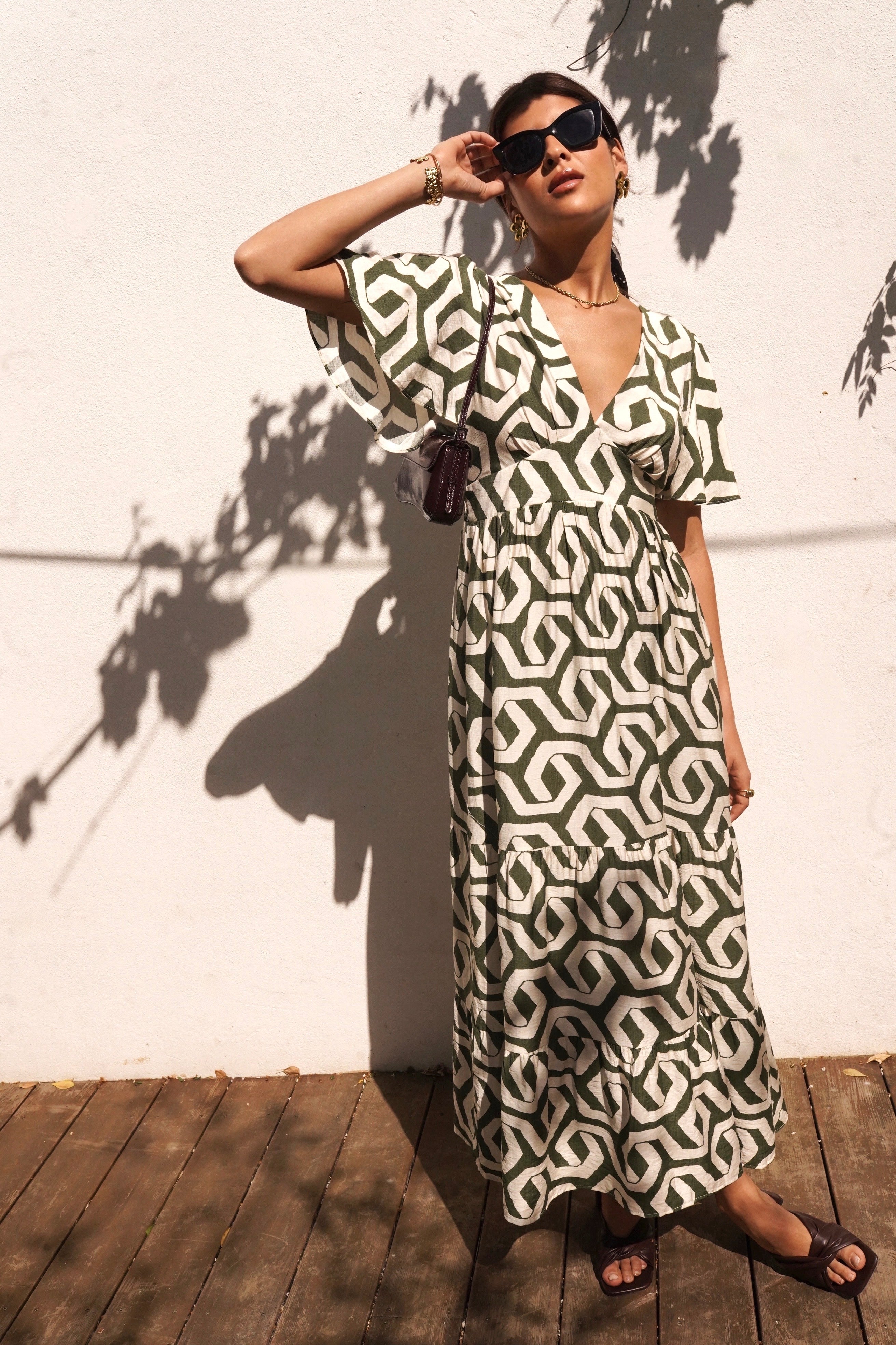 Juliette Dress - Khaki Geometric