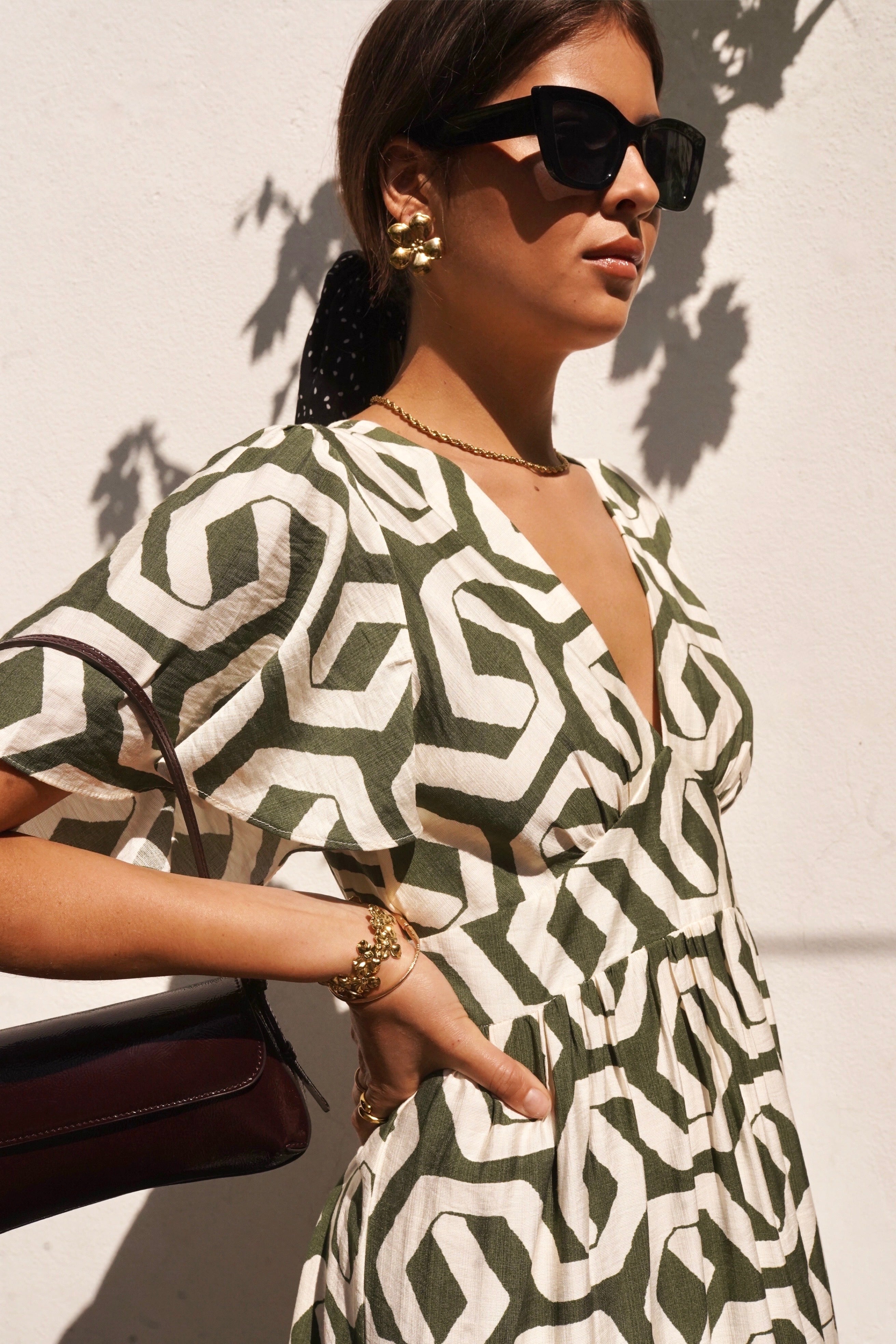 Juliette Dress - Khaki Geometric