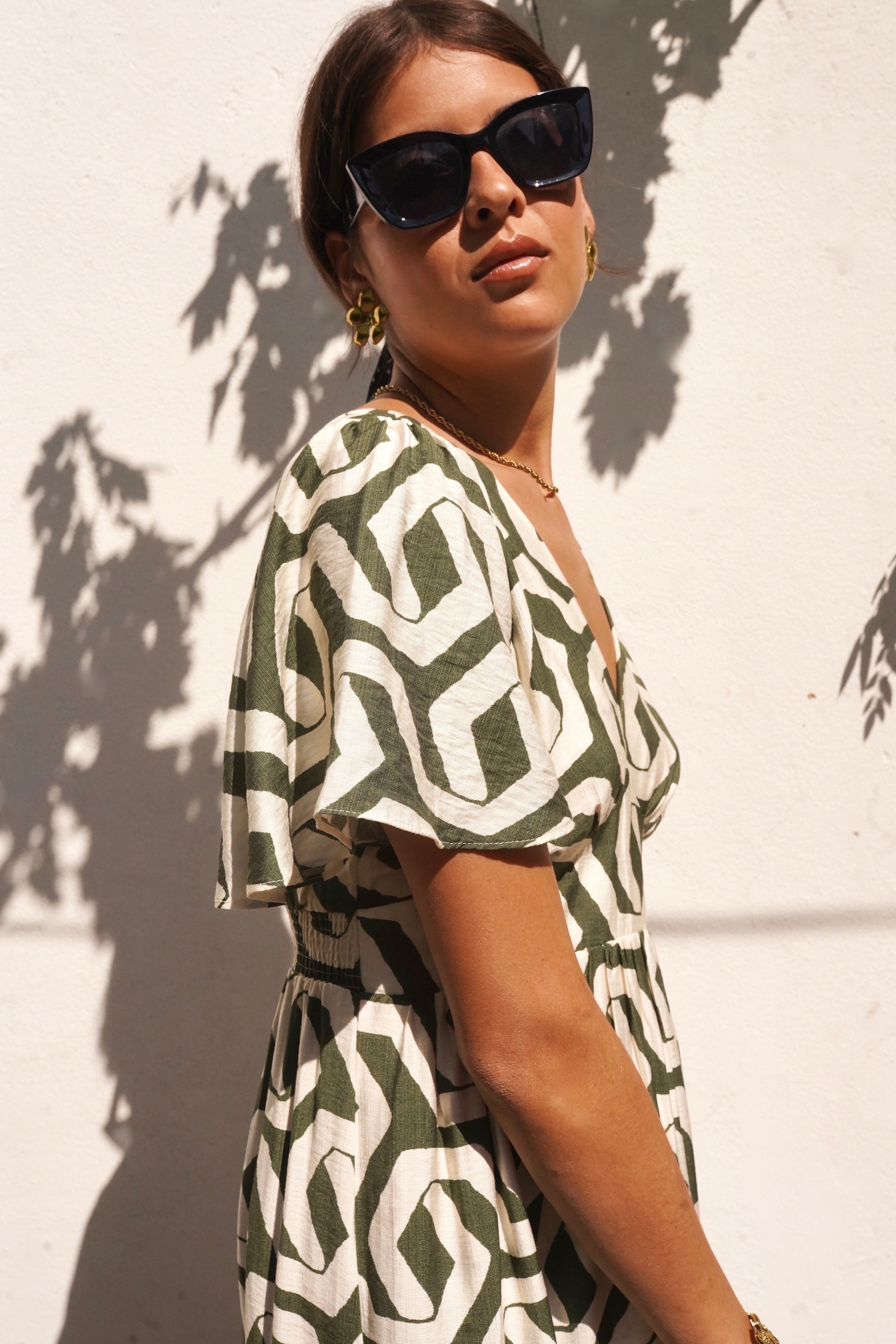 Juliette Dress - Khaki Geometric