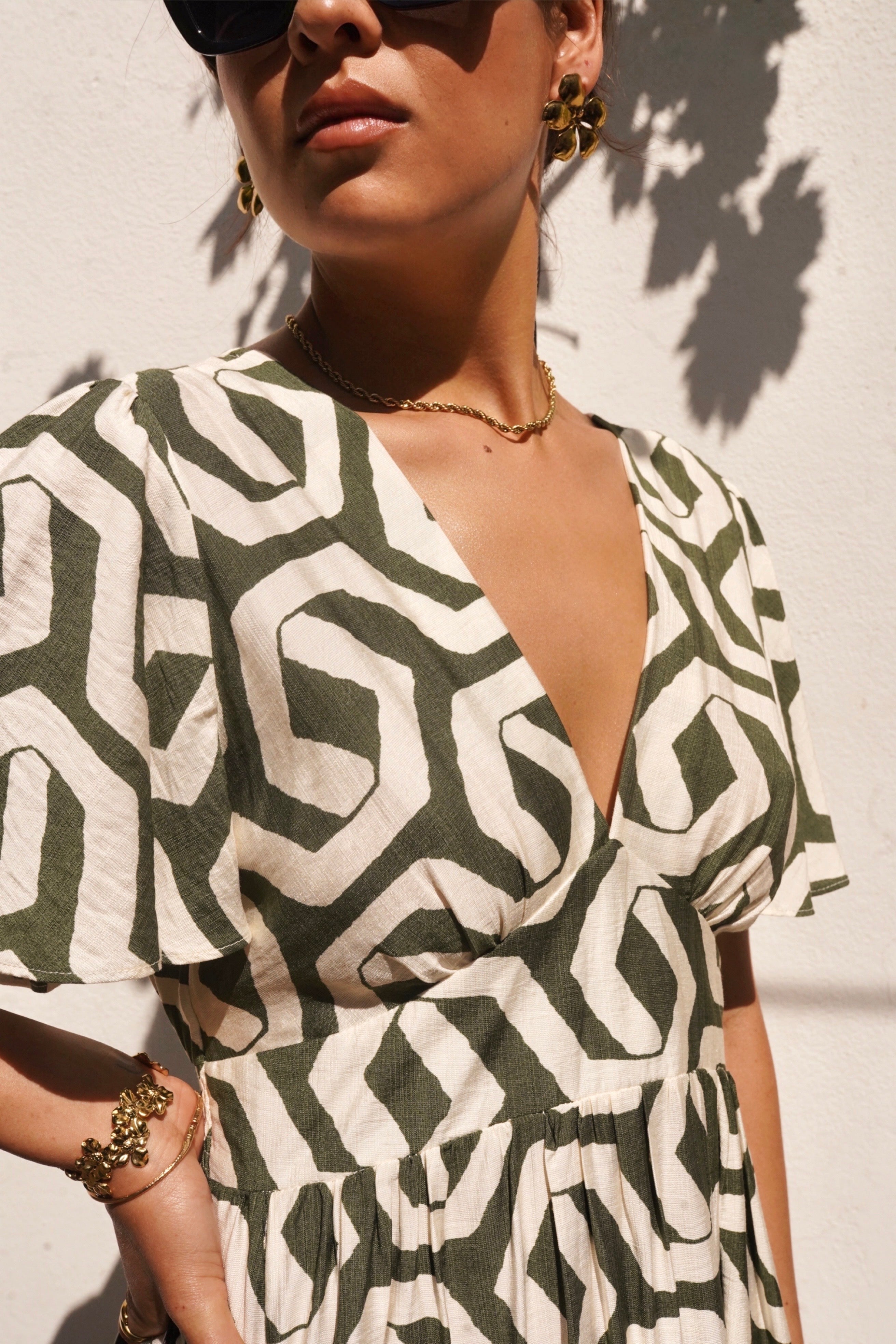 Juliette Dress - Khaki Geometric