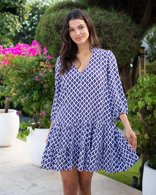 Kora Dress - Navy Trellis