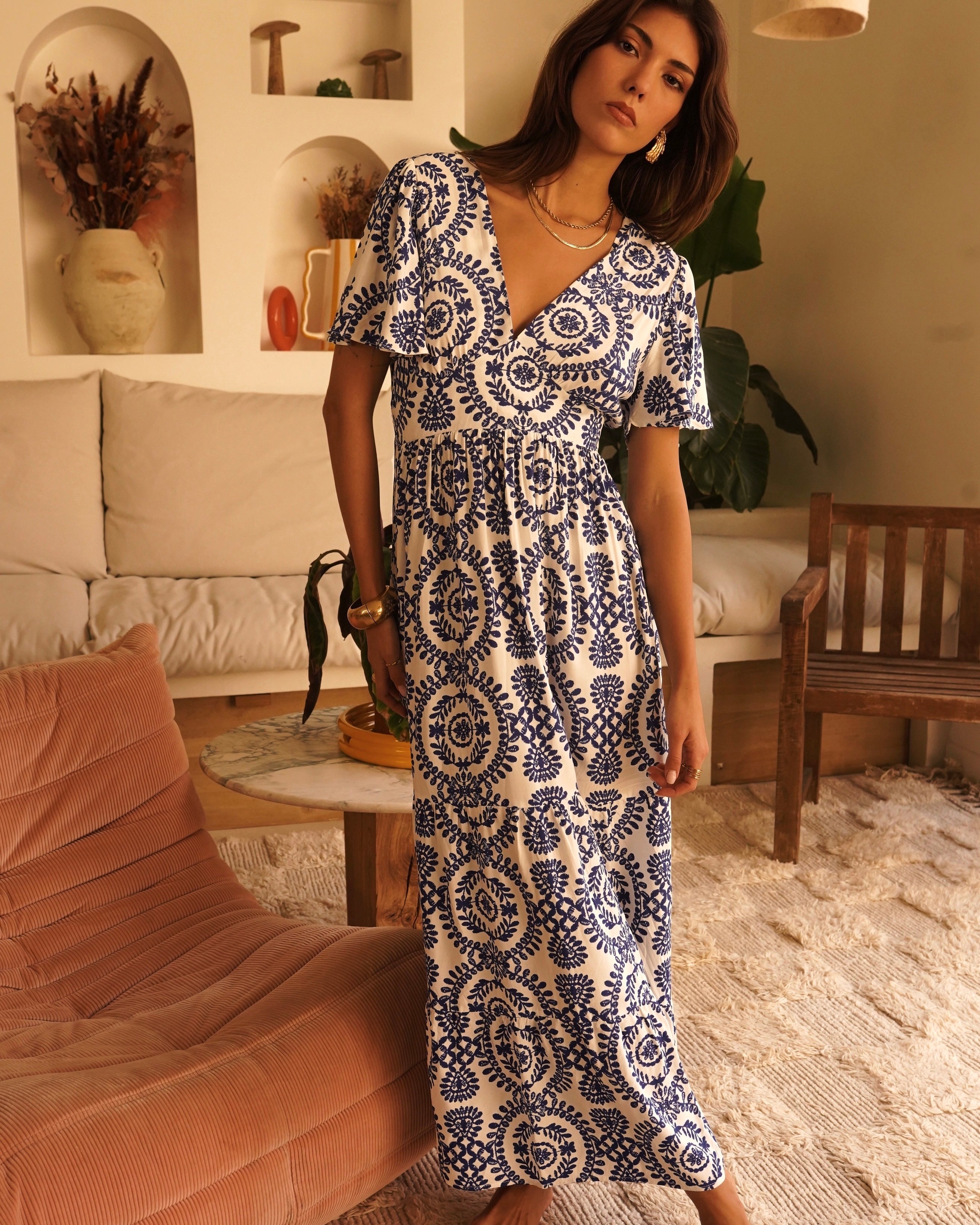Juliette Dress - White/Blue Tile