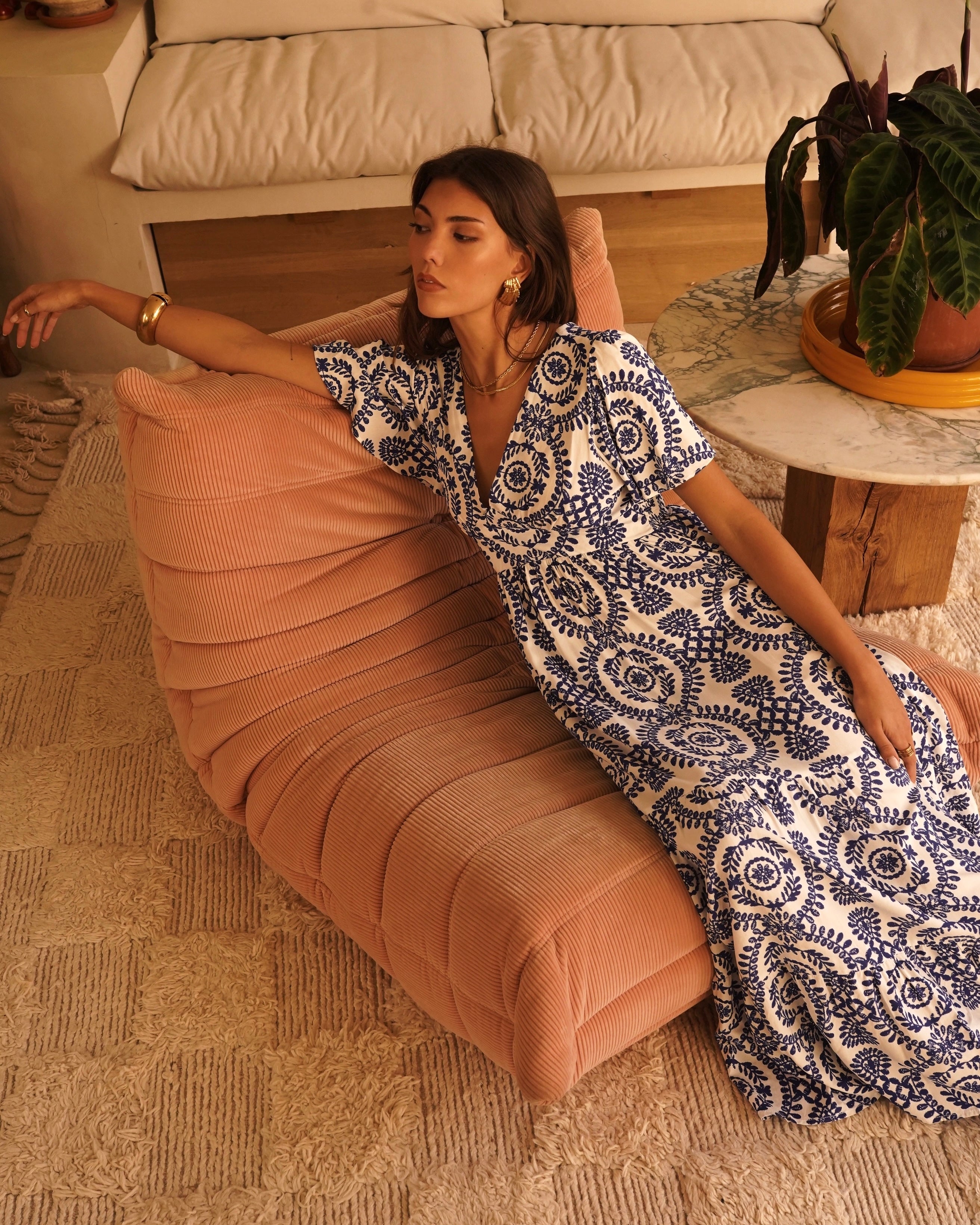 Juliette Dress - White/Blue Tile