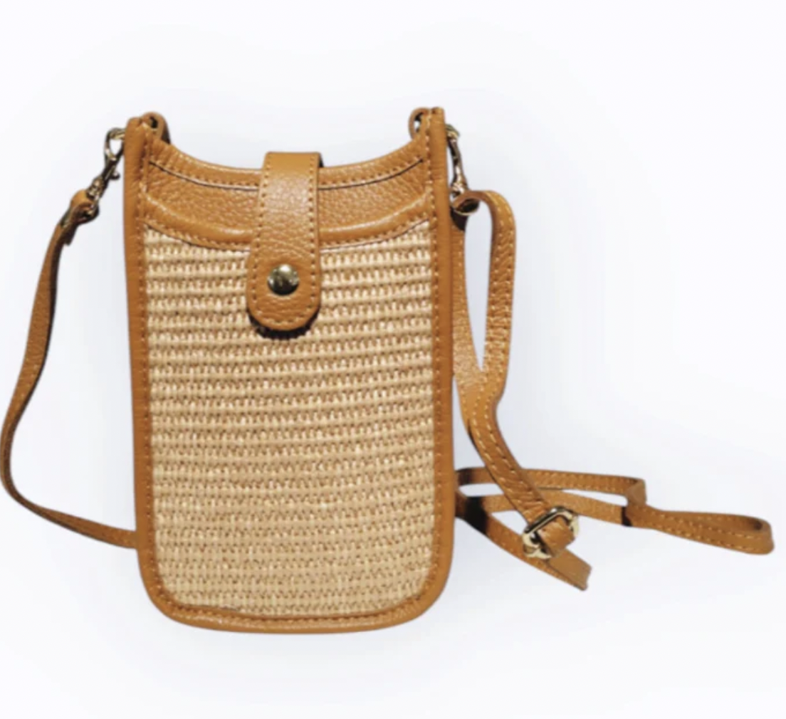 Cortona Raffia/Leather Phone Bag - Tan