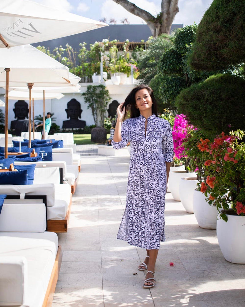 Sicily Dress - Midnight Blue Large Maze