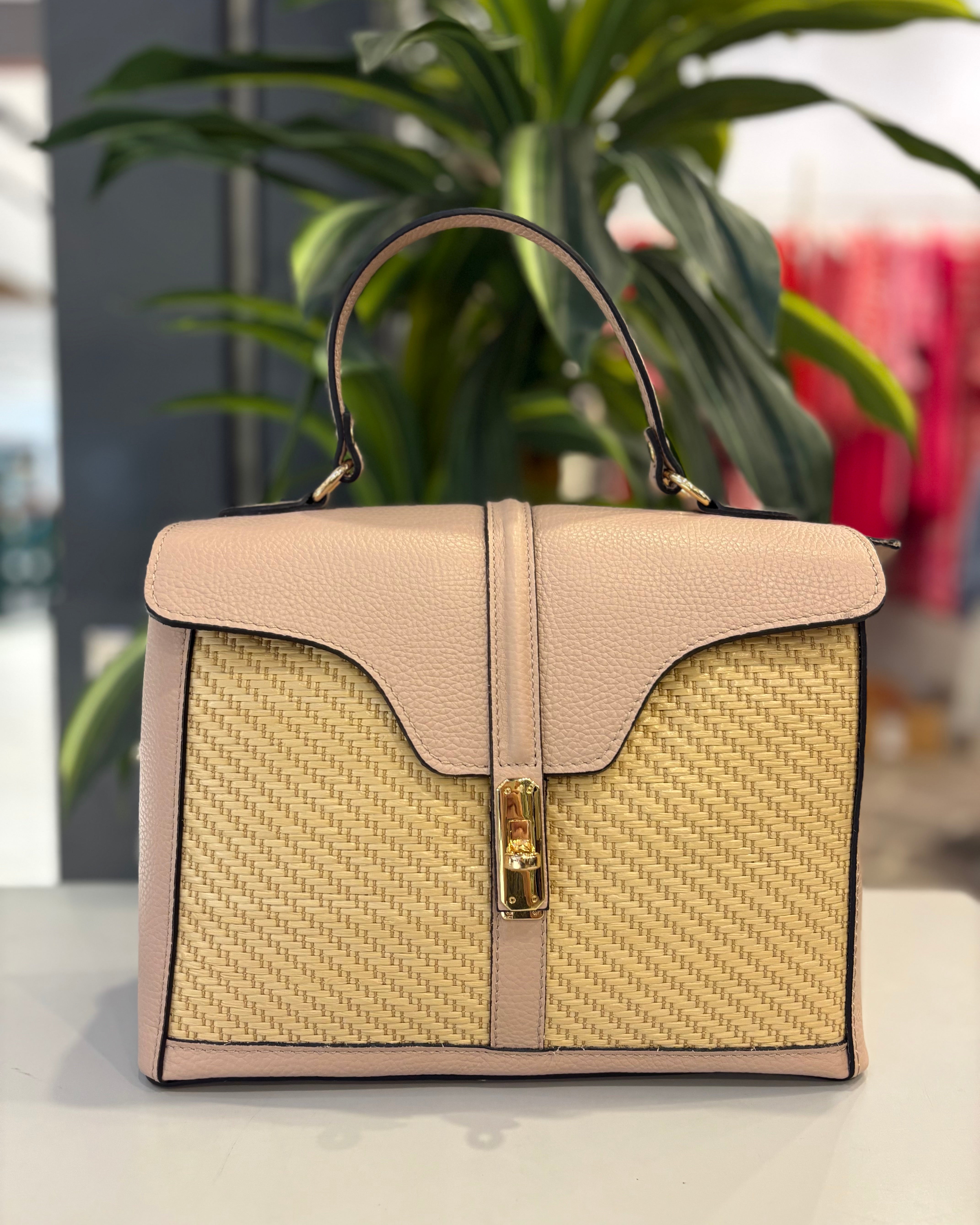 Vernazza Leather/Raffia Bag - Nude