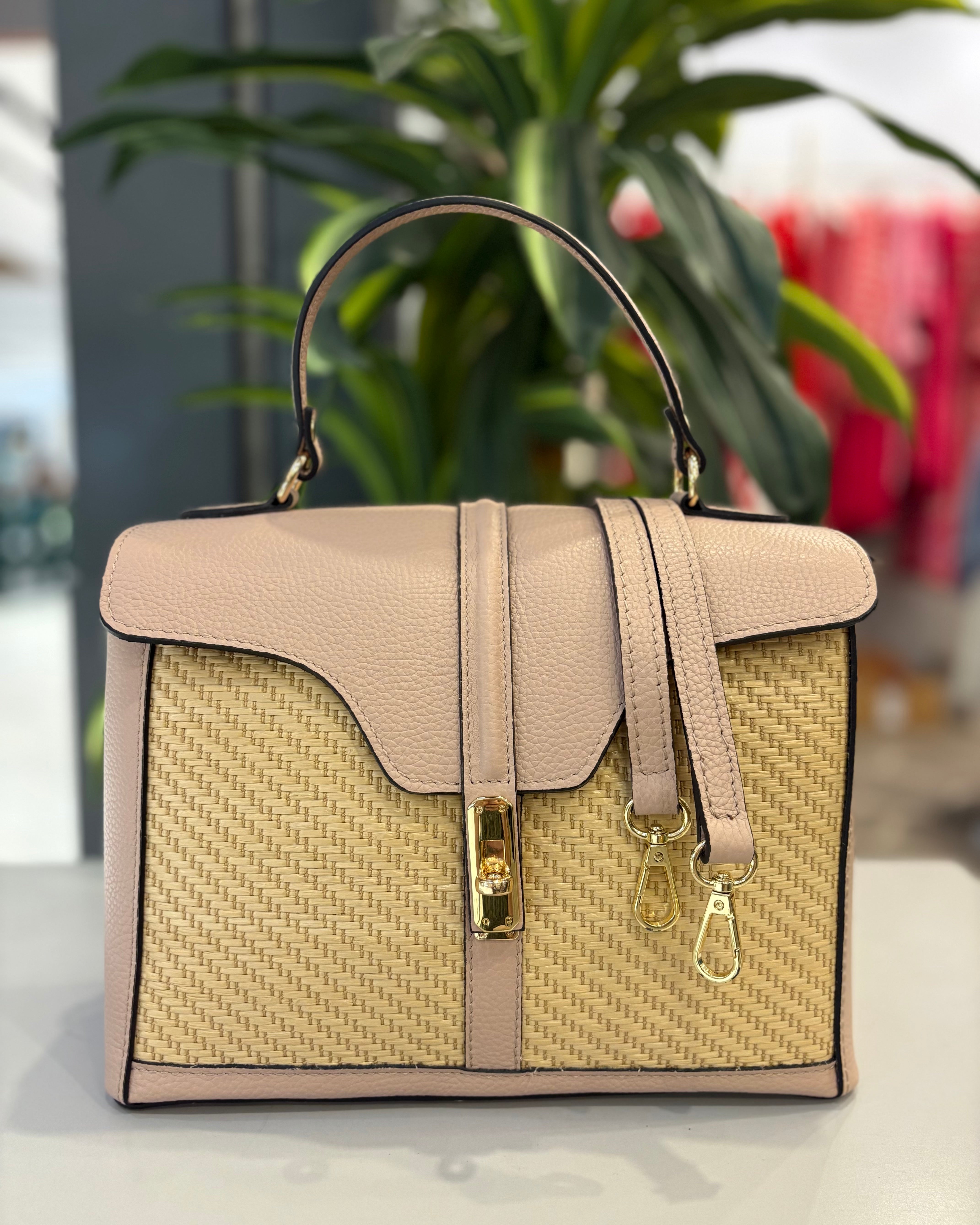 Vernazza Leather/Raffia Bag - Nude