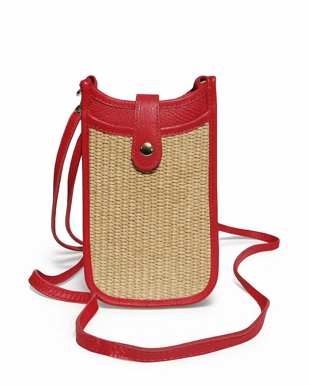 Red and straw crossbody bag on a white background