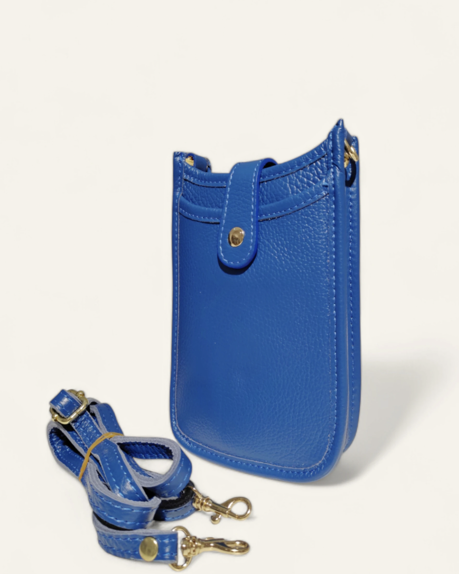 Blue phone case with matching strap on a white background