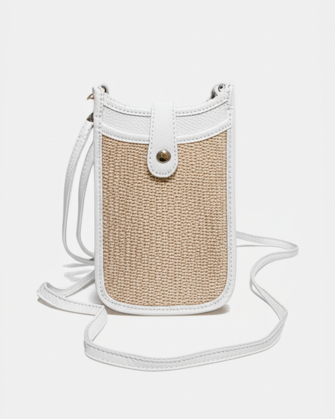 Small crossbody bag with woven front panel and white strap on a light gray background