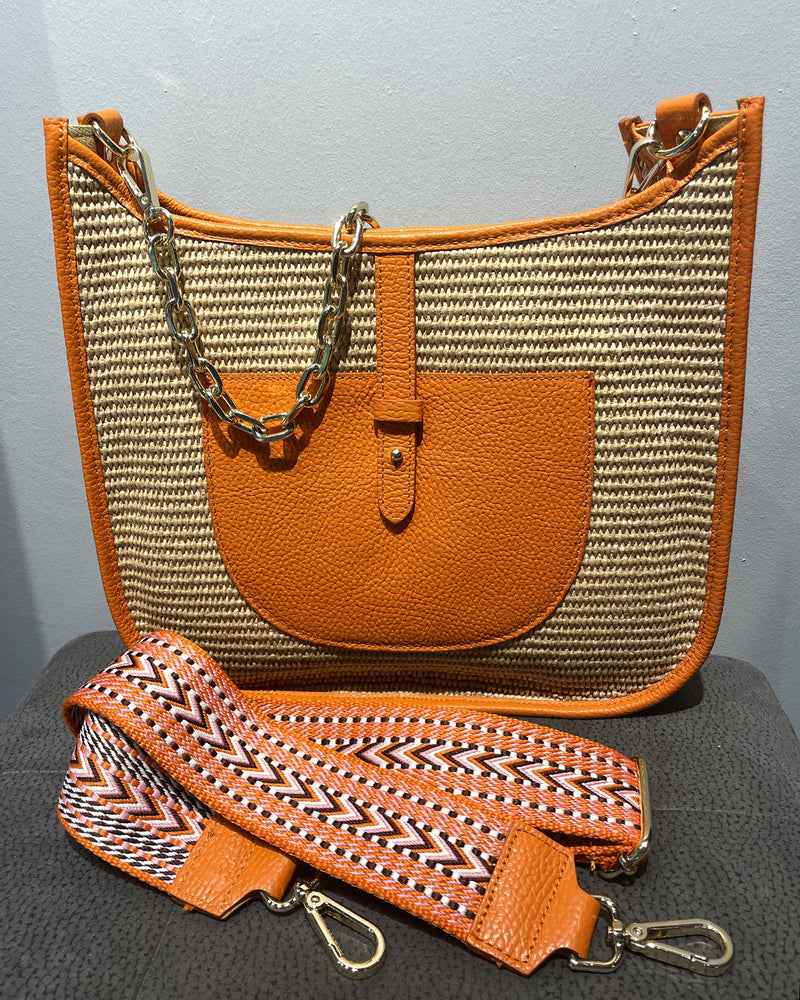 Orange Woven/Leather Hobo Bag