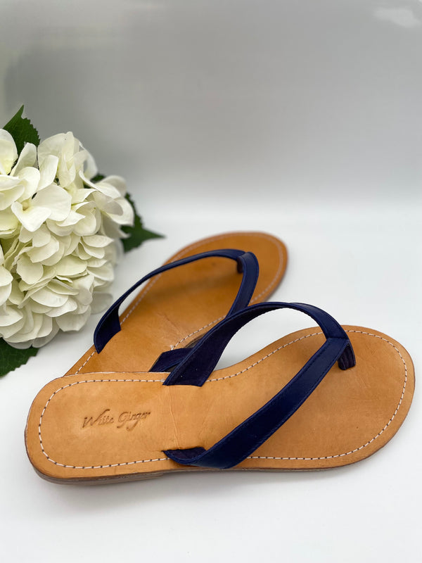 Navy Leather Flip Flops