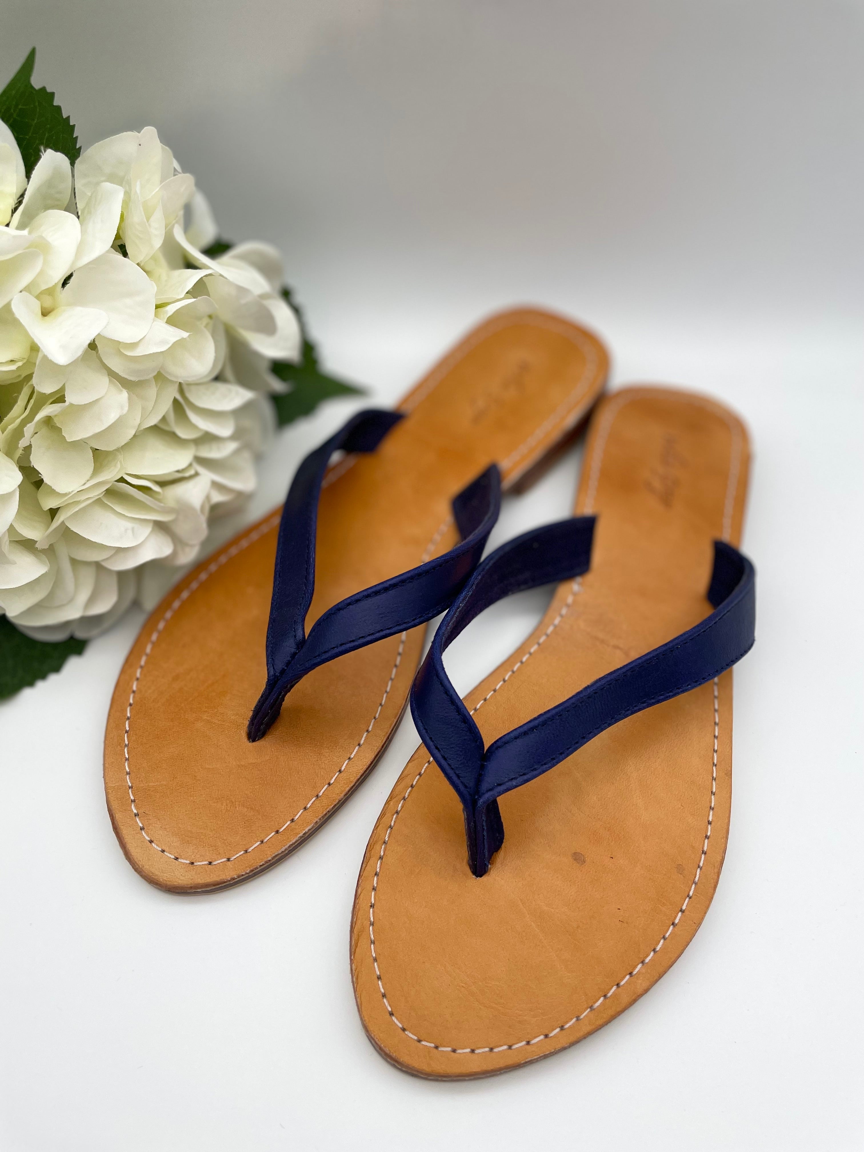 Navy Leather Flip Flops