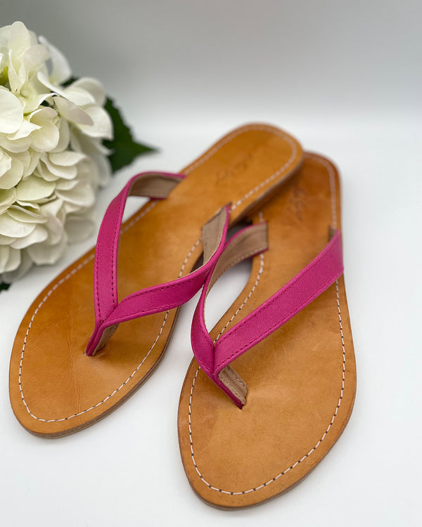 Fuchsia Leather Flip Flops