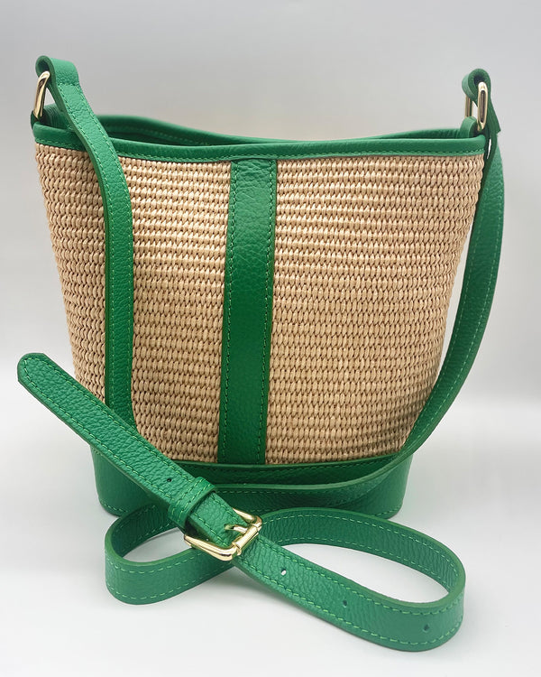 Green Woven/Leather Bucket Bag