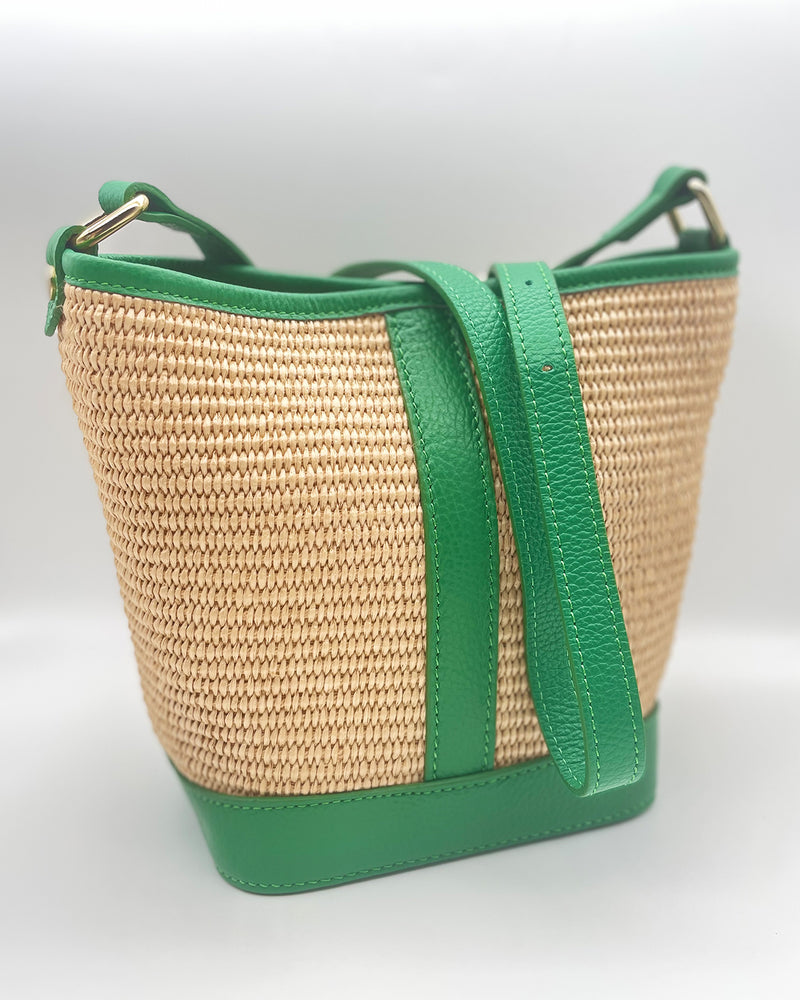Green Woven/Leather Bucket Bag